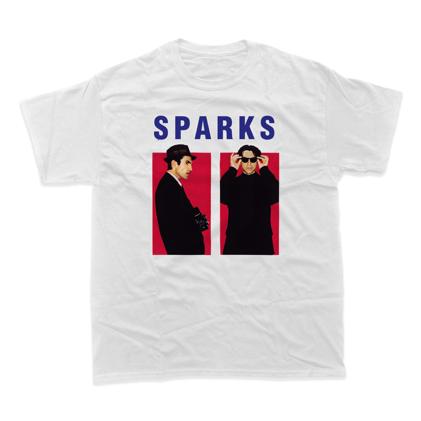 White t-shirt featuring two figures and the text ’SPARKS’ above them.