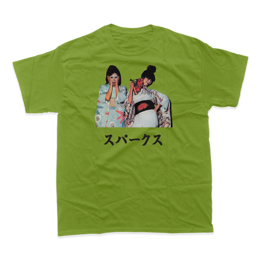 Bright green t-shirt featuring a printed image of two women in traditional Japanese clothing.