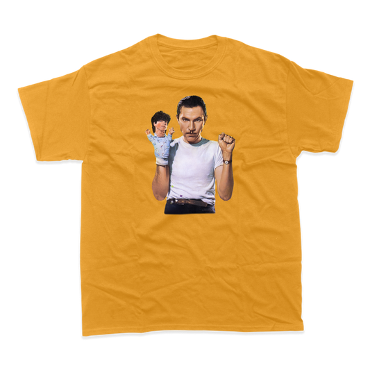 Yellow t-shirt with a printed image of two people on the front.