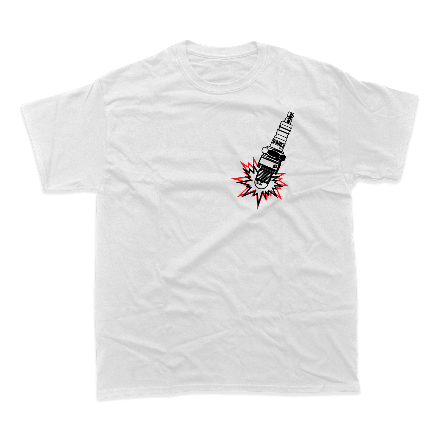 White t-shirt with a spark plug graphic on the back.