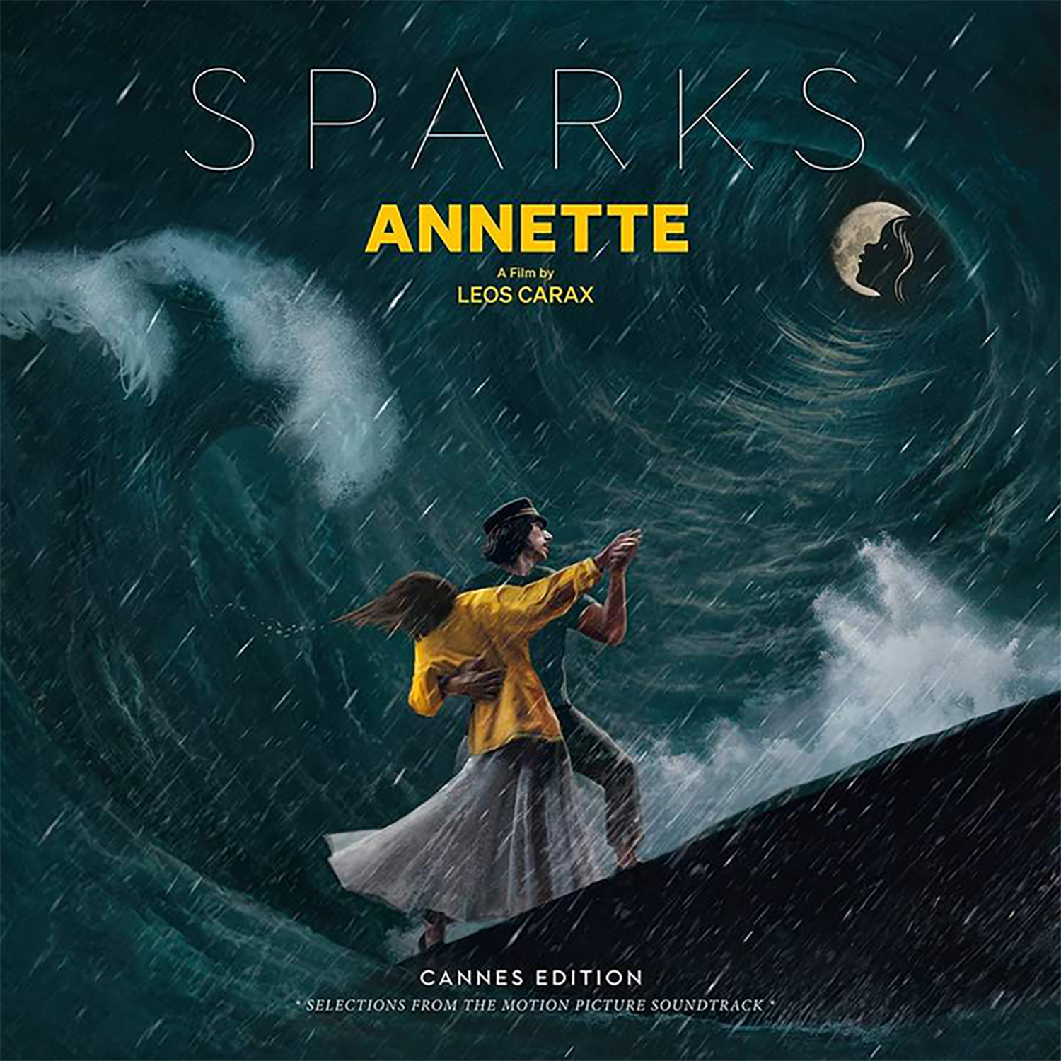 Album cover for ’Annette’ by Sparks, featuring a figure in a yellow top and flowing skirt on a stormy, wave-swept slope.