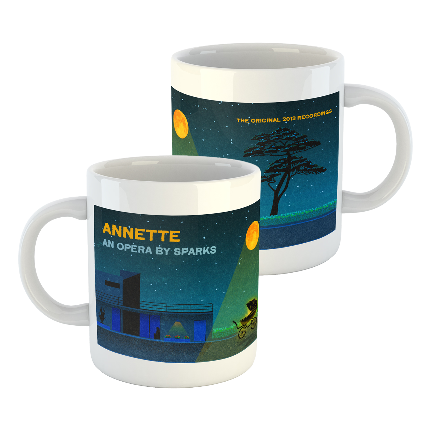 Two ceramic coffee mugs with artistic designs featuring nighttime scenes and text related to ’Annette’ by Sparks.