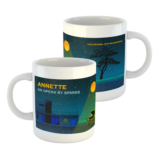 Two ceramic coffee mugs with artistic designs featuring nighttime scenes and text related to ’Annette’ by Sparks.