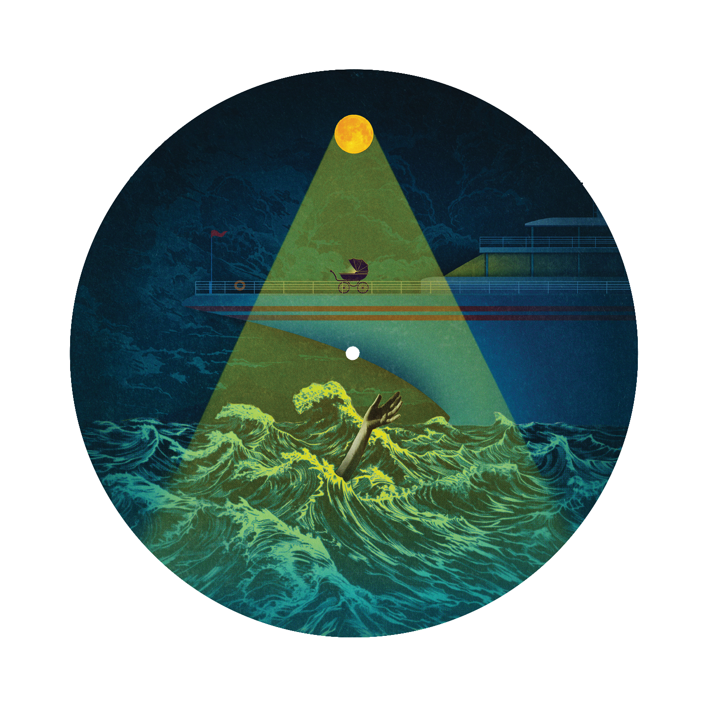 Circular illustration depicting a ship’s spotlight illuminating turbulent ocean waves at night.