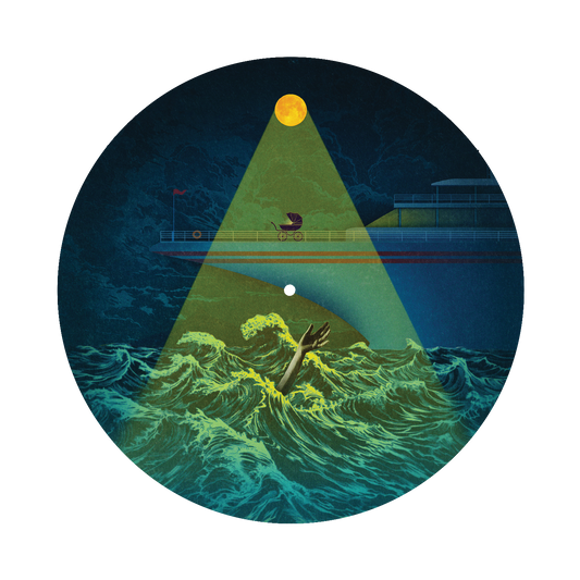 Circular illustration depicting a ship’s spotlight illuminating turbulent ocean waves at night.