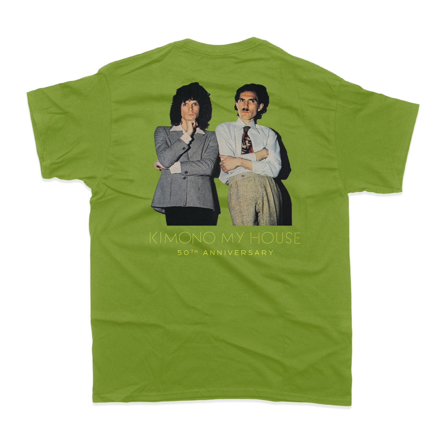 Bright green t-shirt with a printed image of two people on the back.