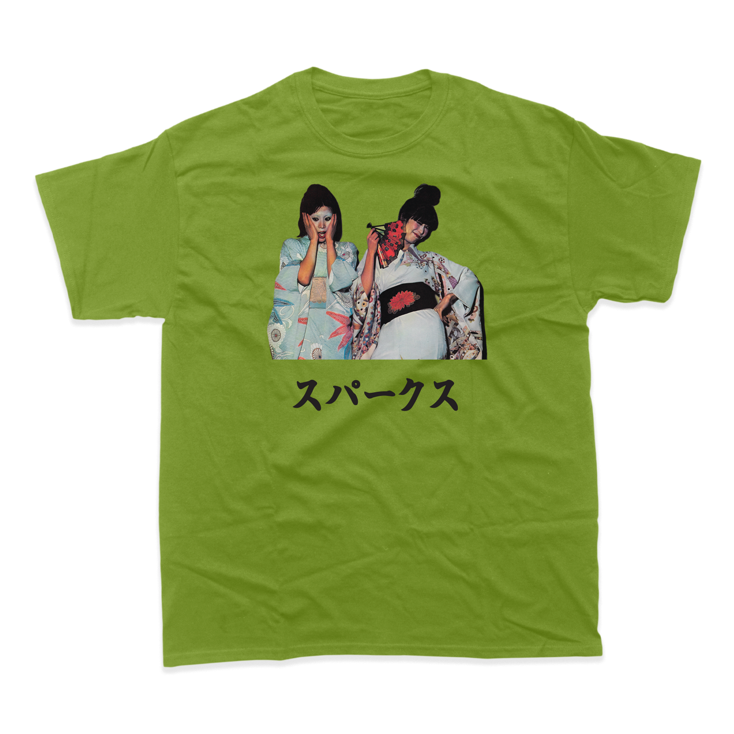 Bright green t-shirt featuring a printed image of two women in traditional Japanese clothing.