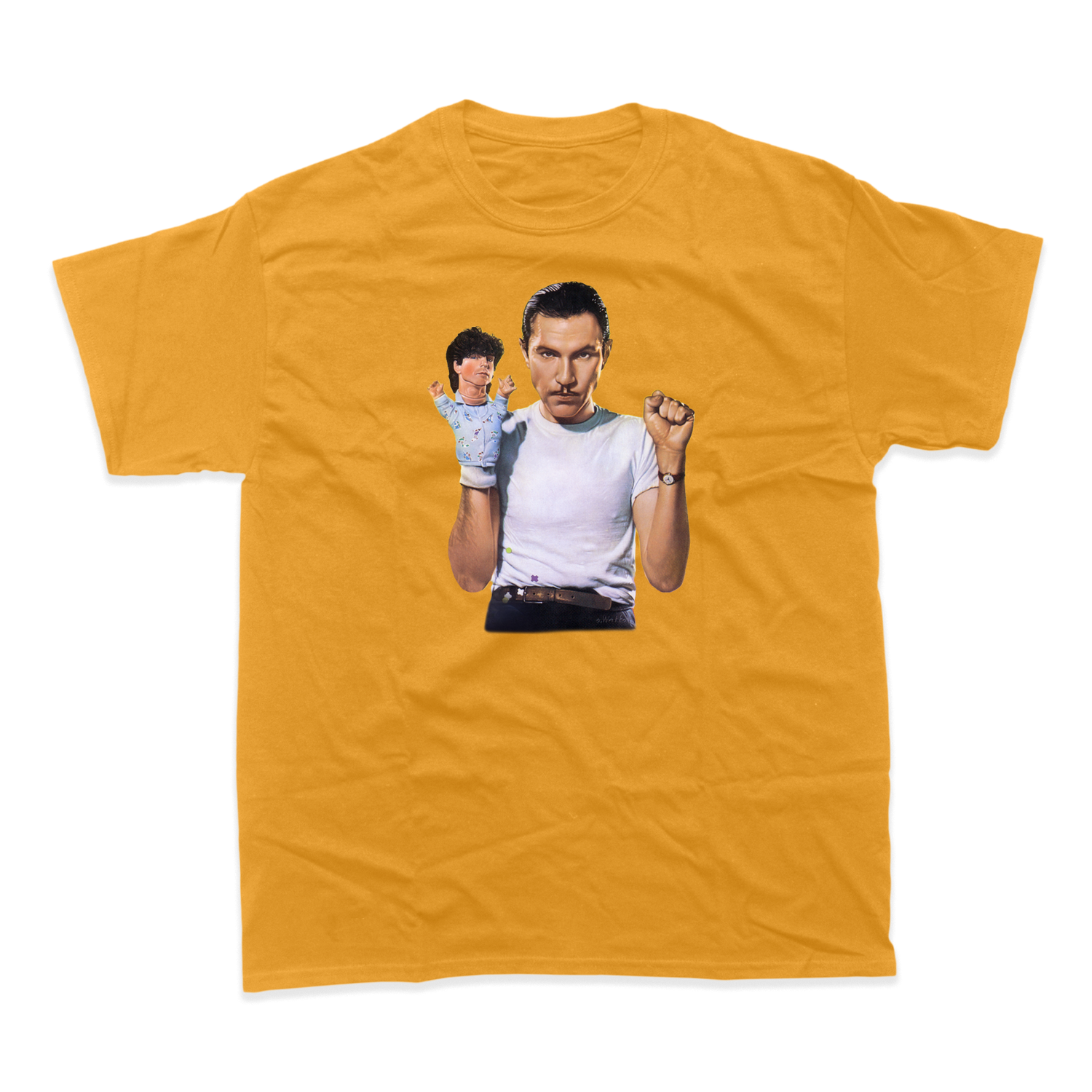 Yellow t-shirt with a printed image of two people on the front.