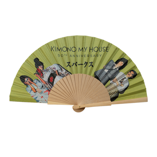 Decorative folding fan with Japanese-style artwork and text.