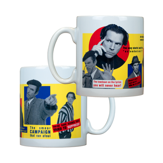 Coffee mug featuring vintage-style graphics and text related to political campaigns.