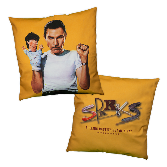 Decorative throw pillow featuring a man in a white shirt holding a puppet on a yellow background.