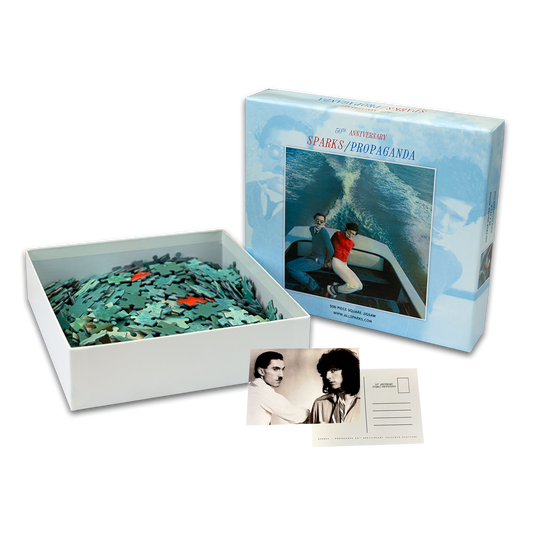 Jigsaw puzzle set featuring an album cover image and pieces in an open box.