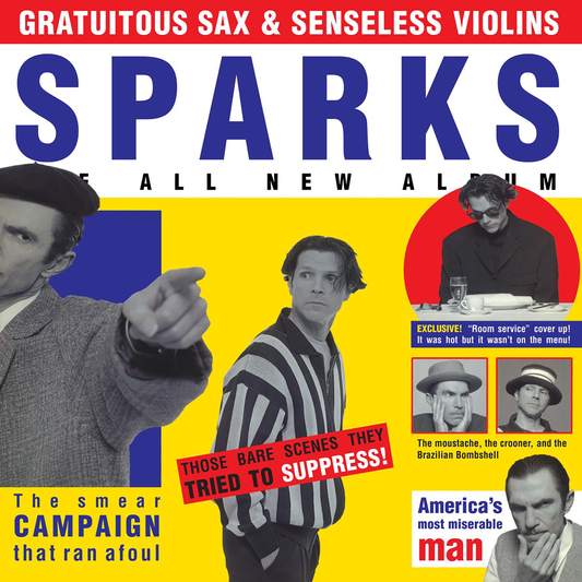 Album cover for Sparks featuring colorful graphics and multiple portraits of band members in various poses and styles.