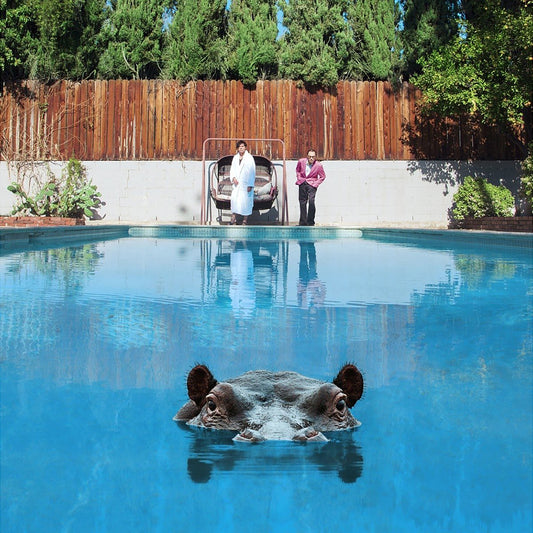 Hippopotamus submerged in a swimming pool with only its eyes and nostrils visible above water.